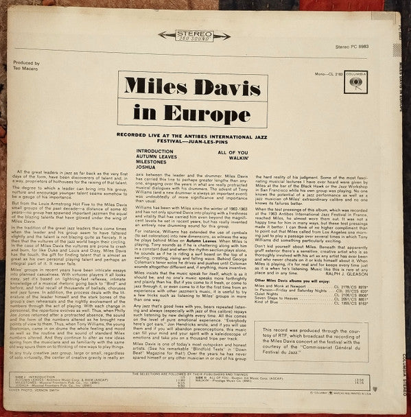 Miles Davis - Miles Davis In Europe (LP, Album, RE, Car)