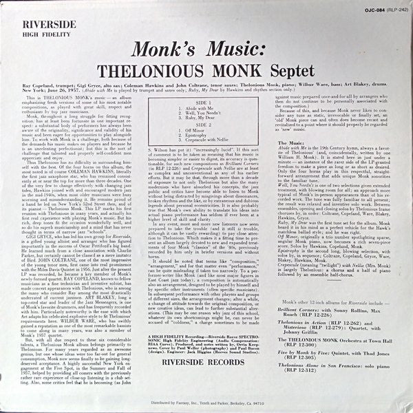 Thelonious Monk Septet - Monk's Music (LP, Album, Mono, RE)