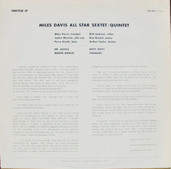 Miles Davis And Milt Jackson - Quintet / Sextet (LP, Album, RE)