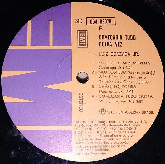 Luiz Gonzaga Jr.* - Começaria Tudo Outra Vez... (LP, Album, RE)