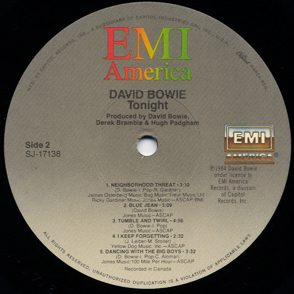 David Bowie - Tonight (LP, Album, Jac)