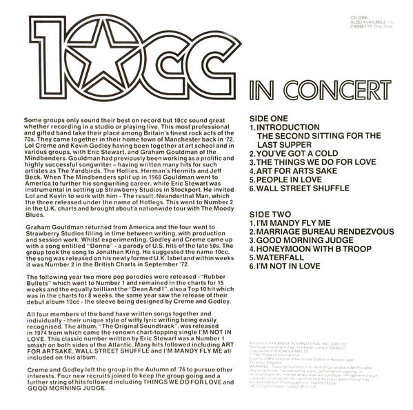 10cc - 10cc In Concert (LP, Album, Abr)