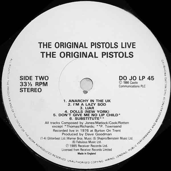 The Original Pistols* - The Original Pistols Live (LP, RE)