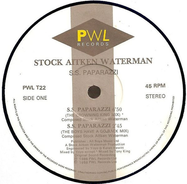 Stock, Aitken & Waterman - S.S. Paparazzi (12"")