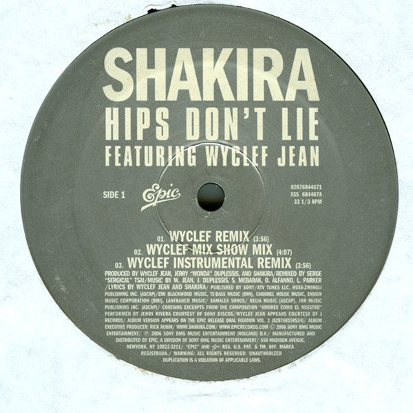 Shakira Featuring Wyclef Jean - Hips Don't Lie (12"")
