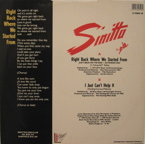 Sinitta - Right Back Where We Started From (Left Back On The Side M...