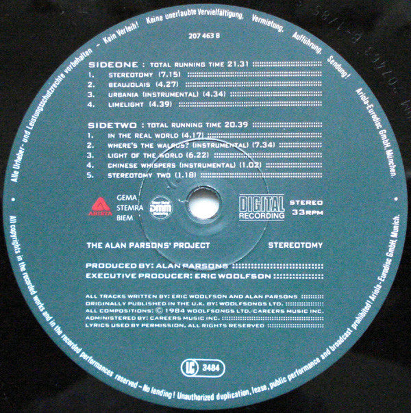 The Alan Parsons Project - Stereotomy (LP, Album, Col)