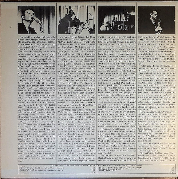 The Dave Brubeck Quartet - At Carnegie Hall (2xLP, Album, RE, Pit)