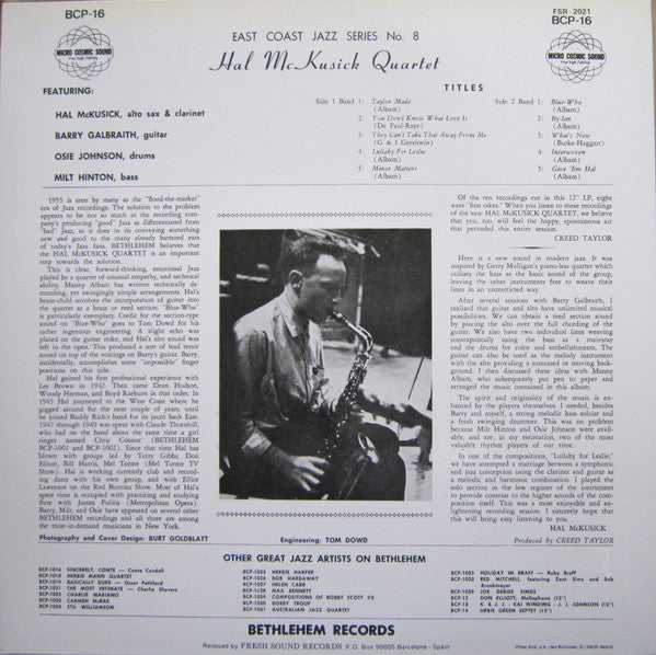 Hal McKusick Quartet - East Coast Jazz Series No. 8 (LP, Album, RE)