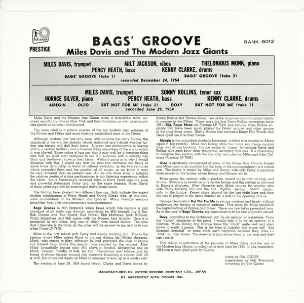 Miles Davis - Bags Groove (LP, Album, Blu)