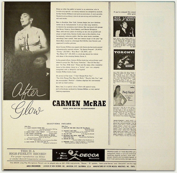 Carmen McRae - After Glow (LP, Mono)