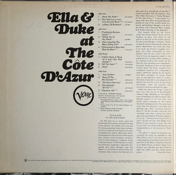 Ella* And Duke* - Ella & Duke At The Côte D'Azur (2xLP, Album, Tex)