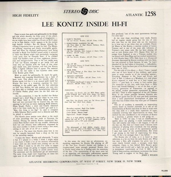 Lee Konitz - Inside Hi-Fi (LP, Album, Mono, RE)