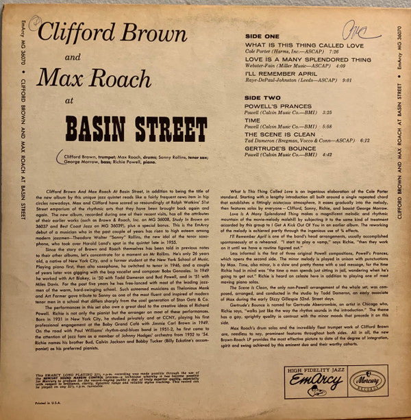 Clifford Brown And Max Roach - At Basin Street (LP, Album, Mono, Hig)