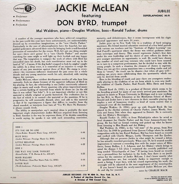 Jackie McLean Quintet - The Jackie McLean Quintet(LP, Album, Mono, RE)