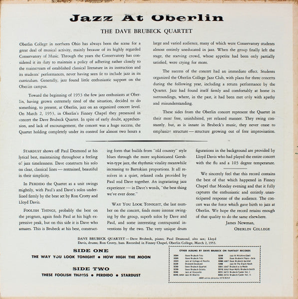 The Dave Brubeck Quartet - Jazz At Oberlin (LP, Album, Mono, RE)