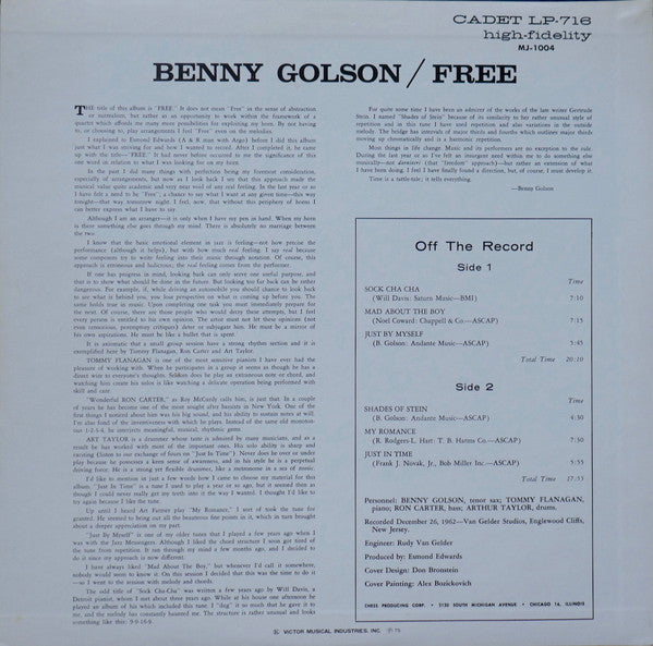 Benny Golson Quartet - Free (LP, Album, RE)