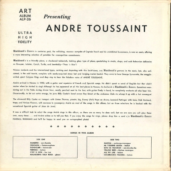André Toussaint - Andre Toussaint Sings At Blackbeard's Tavern(LP, ...