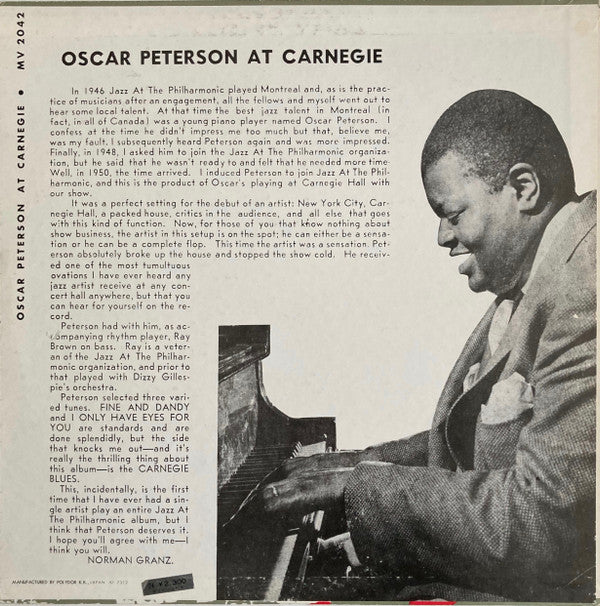 Oscar Peterson - Oscar Peterson At Carnegie (LP, Album, Mono, RE)