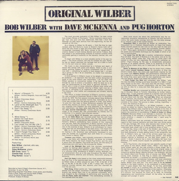 Bob Wilber With Dave McKenna And Pug Horton* - Original Wilber (LP)