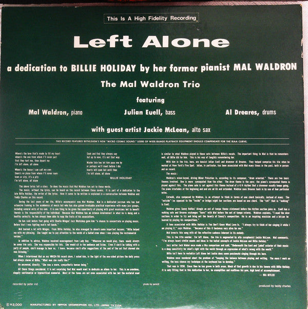 Mal Waldron - Left Alone (LP, Album, RE, Gat)