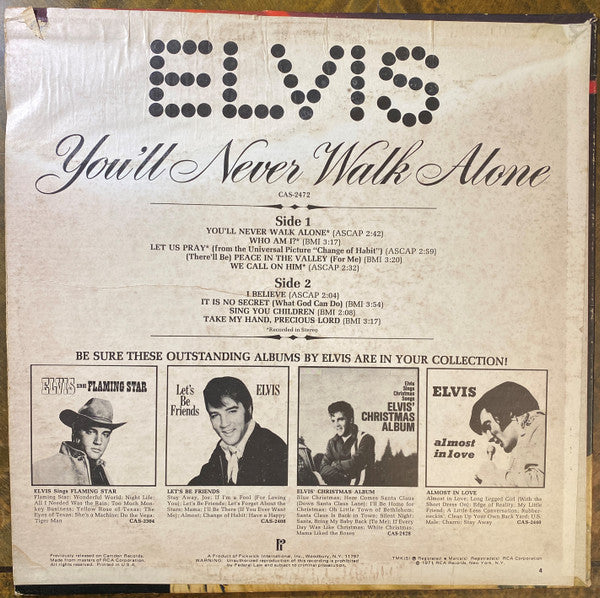 Elvis Presley - You'll Never Walk Alone (LP, Album, Comp, RE, PRC)