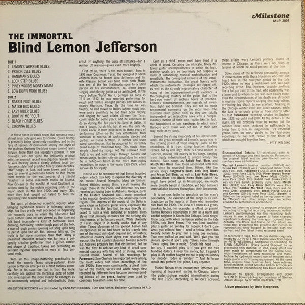 Blind Lemon Jefferson - The Immortal Blind Lemon Jefferson (LP, Comp)