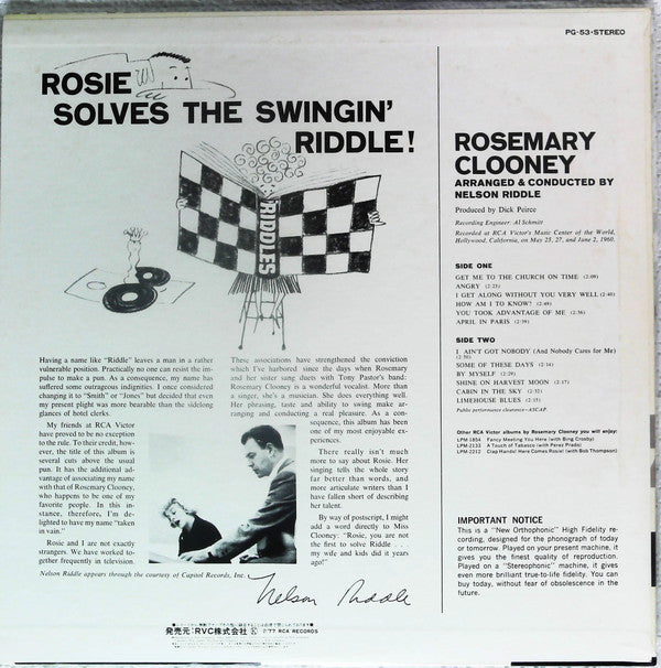 Rosemary Clooney - Rosie Solves The Swingin' Riddle!(LP, Album, Promo)