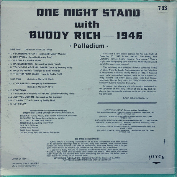 Buddy Rich - One Night Stand With Buddy Rich 1946 (LP, Album)