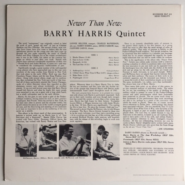 Barry Harris Quintet - Newer Than New (LP, Album, Mono, Promo, RE)