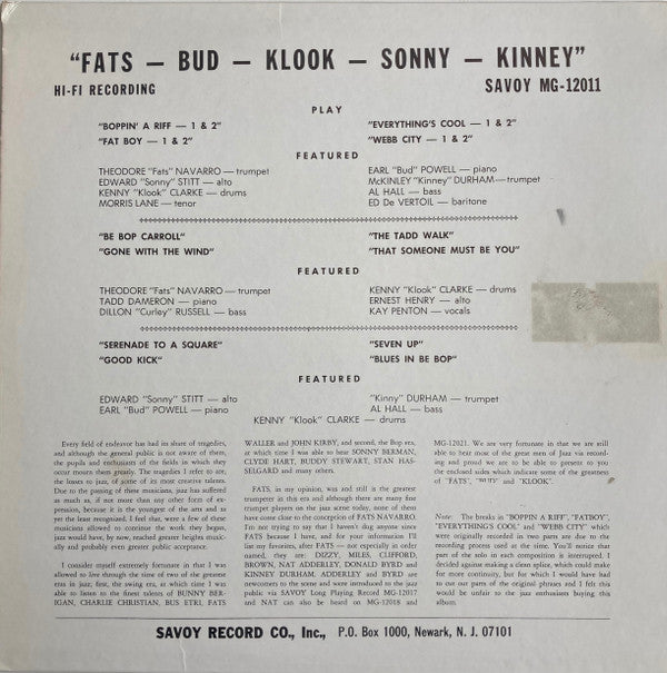 Fats Navarro - Fats-Bud-Klook-Sonny-Kinney (LP, Album, Mono, RE)