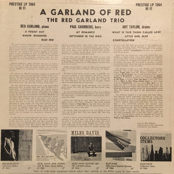 The Red Garland Trio - A Garland Of Red(LP, Album, Mono)