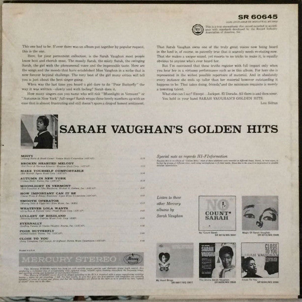 Sarah Vaughan - Sarah Vaughan's Golden Hits (LP, Comp)