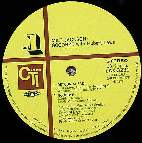 Milt Jackson With Hubert Laws - Goodbye (LP, Album, Ltd, RE)