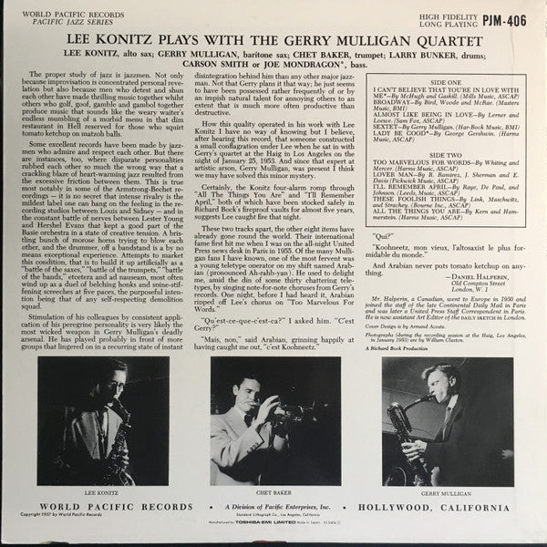 Lee Konitz - Lee Konitz Plays With The Gerry Mulligan Quartet(LP, A...