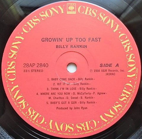 Billy Rankin - Growin' Up Too Fast (LP, Album)