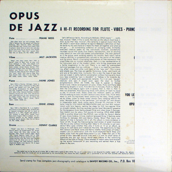 Milt Jackson - Opus De Jazz (LP, Album, Mono, RE)