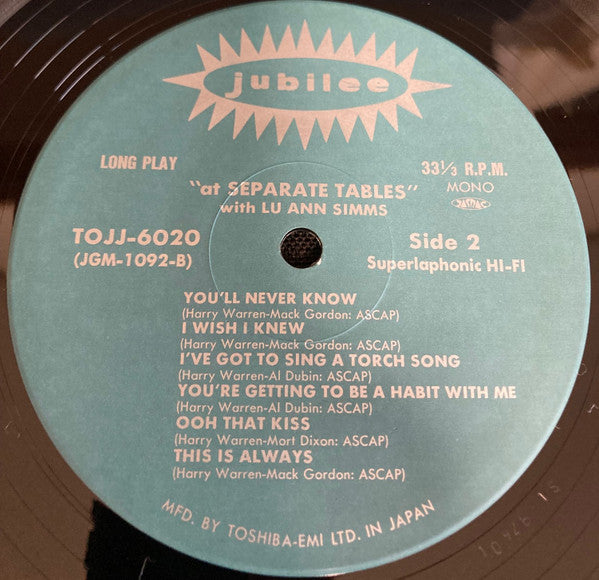 Lu Ann Simms - At Separate Tables (LP, Album, Mono)