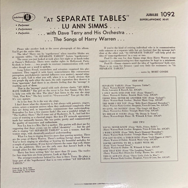 Lu Ann Simms - At Separate Tables (LP, Album, Mono)