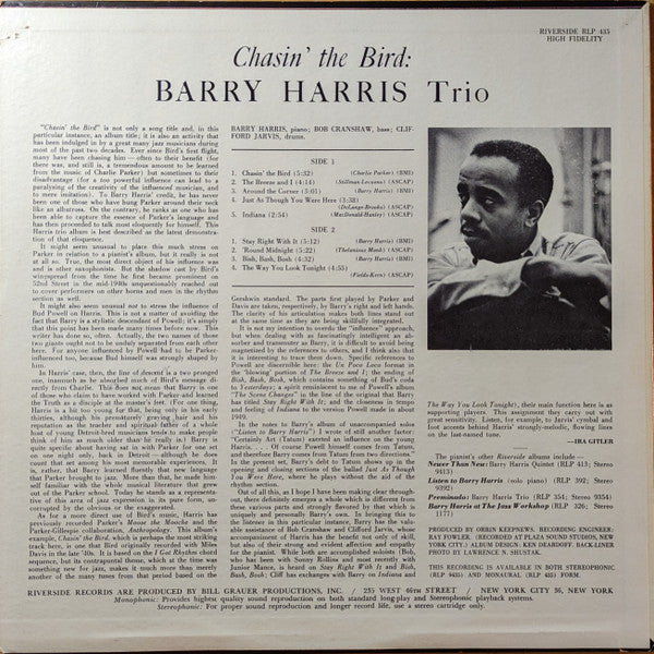 Barry Harris Trio - Chasin' The Bird (LP, Album, Mono)