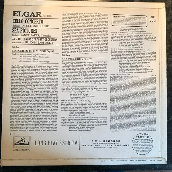 Sir Edward Elgar - Cello Concerto / Sea Pictures(LP, ER1)