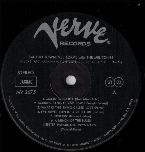 Mel Tormé With The Meltones* - Back In Town (LP, Album, RE)
