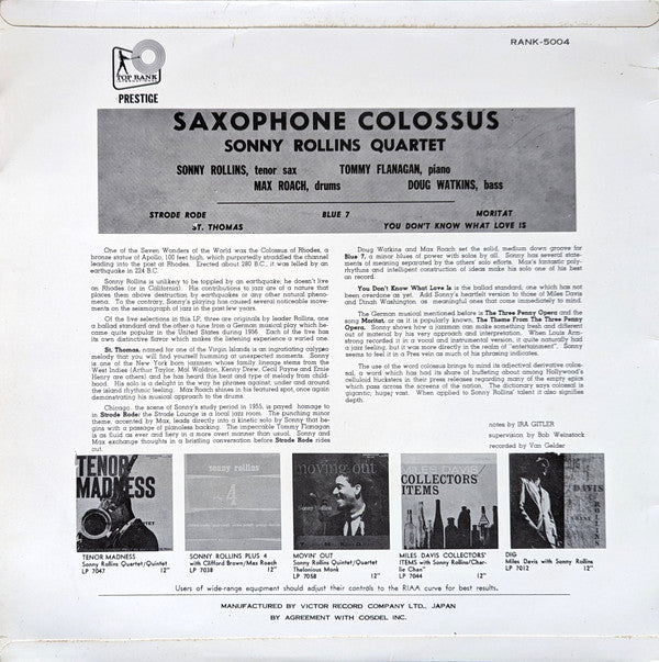 Sonny Rollins - Saxophone Colossus = ソニー・ロリンズの芸術(LP, Album, Mono)