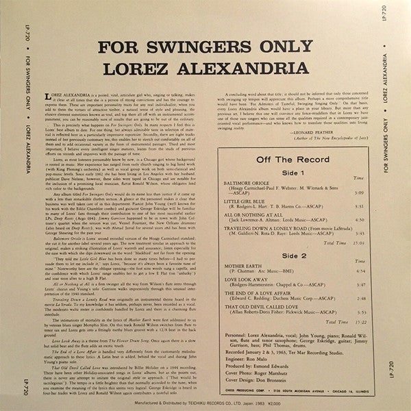 Lorez Alexandria - For Swingers Only (LP, Album, RE)