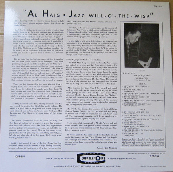 Al Haig - Jazz Will-O-The-Wisp (LP, Album, RE, Hig)