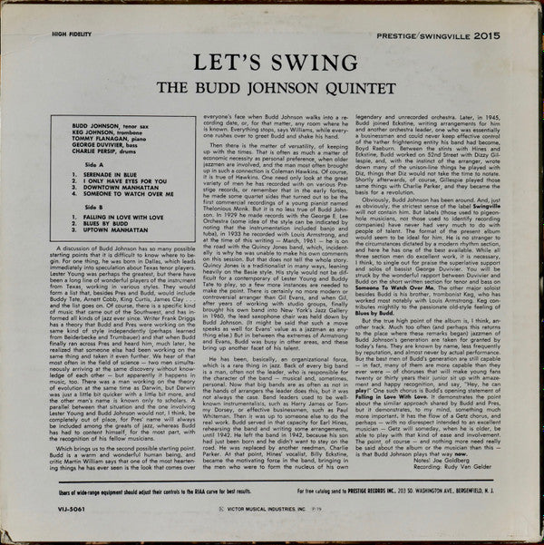 The Budd Johnson Quintet - Let's Swing (LP, Album, RE)