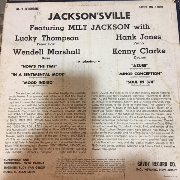 Milt Jackson - Jackson'sville (LP, Album, Mono)