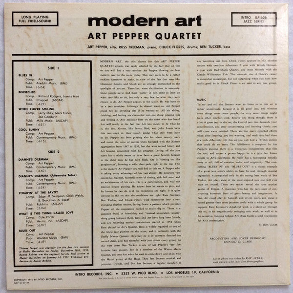 Art Pepper Quartet - Modern Art (LP, Album, Mono, Ltd, RE)