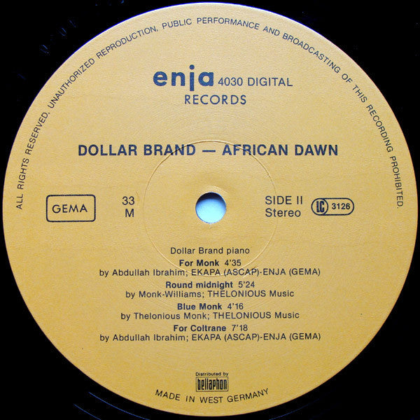 Dollar Brand, Abdullah Ibrahim - African Dawn (LP, Album, Int)