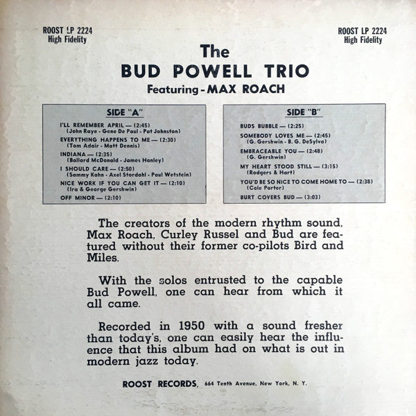 Bud Powell Trio* Featuring Max Roach - Bud (LP, Album, Comp, Mono)